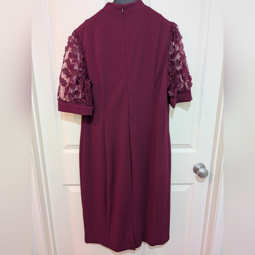 Liz Claiborne Burgundy Dress with Floral Lace Sleeves - Picture 2 of 4